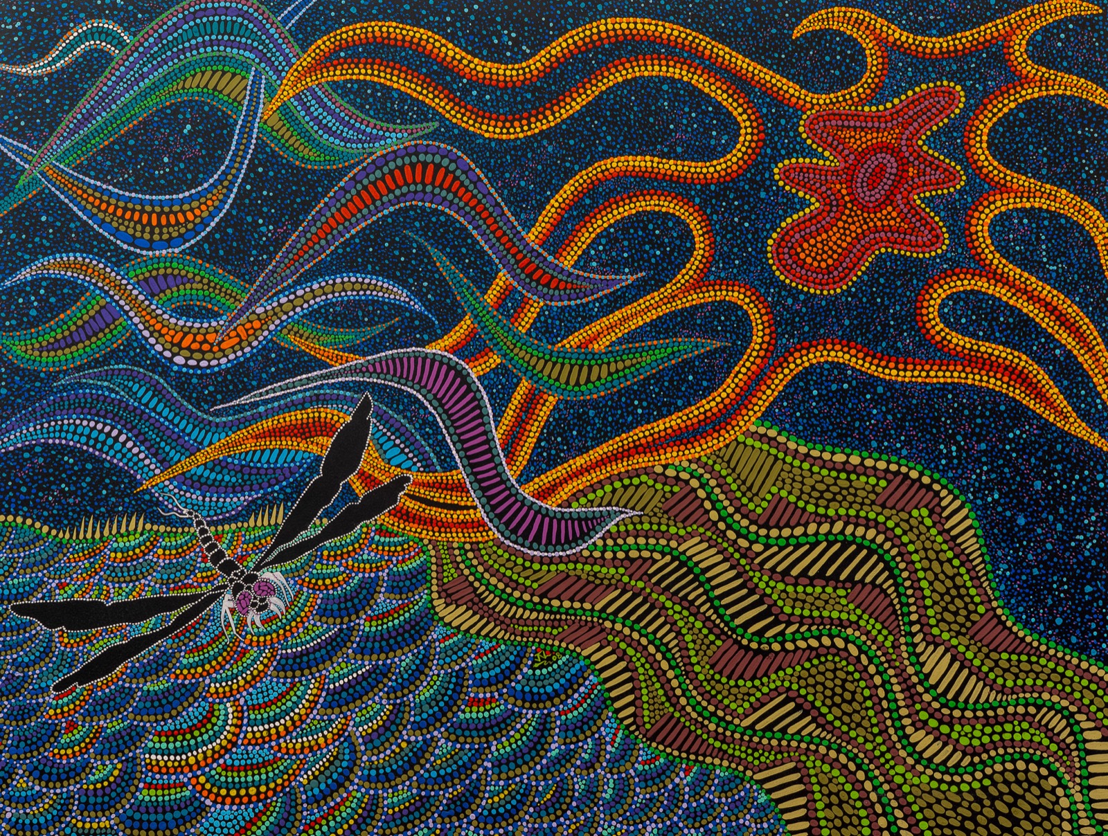 Dragonfly — detail, dot painting by James Liebenberg